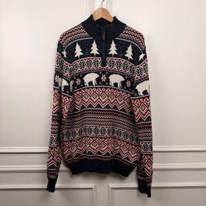 Aspen XL Fair Isle Polar Bear Quarter Zip Sweater Navy Blue Cotton Knit